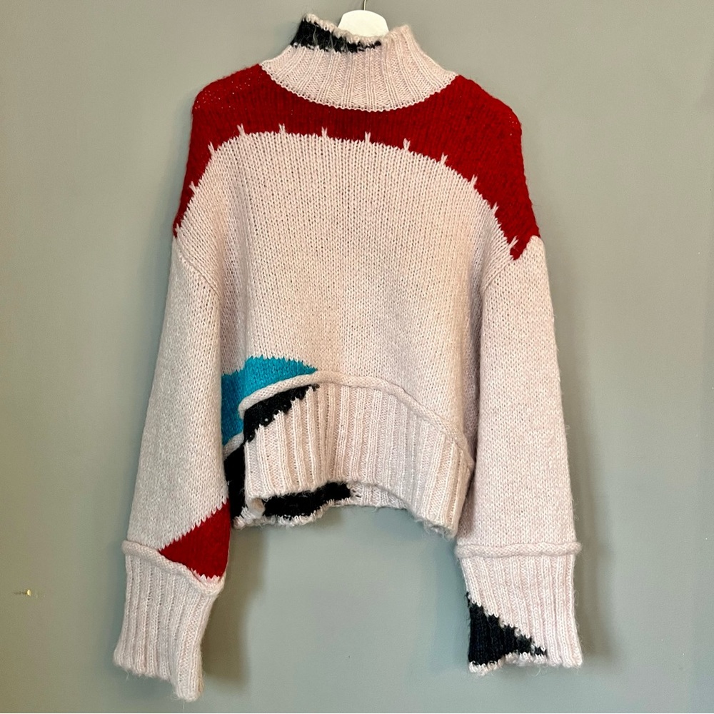 Zara Light Pink Colourblock, Wool Blend, Mock Neck, Cozy Knit Sweater